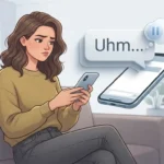 Adult person pausing while typing “Uhm...” in a text message to show hesitation and thinking.