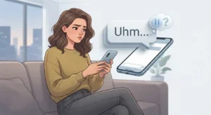 Adult person pausing while typing “Uhm...” in a text message to show hesitation and thinking.