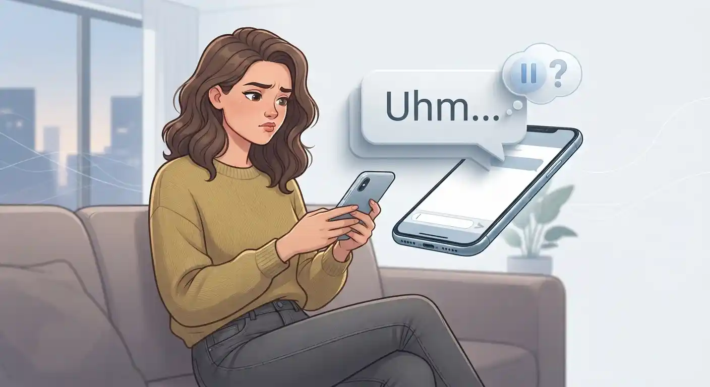 Adult person pausing while typing “Uhm...” in a text message to show hesitation and thinking.