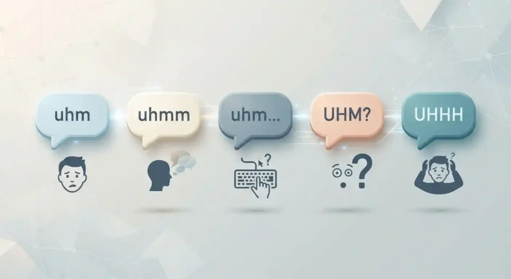 Different forms of uhm showing how spelling, punctuation, and capitalization can change its tone in messages.