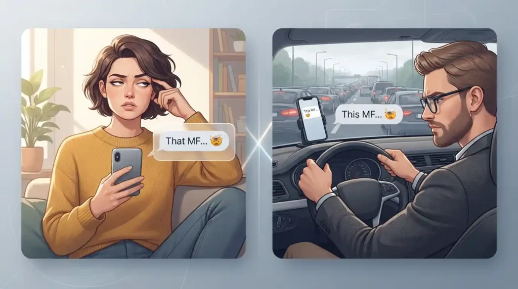 Illustration comparing MF used to refer to a person with MF used for emphasis in a sentence.
