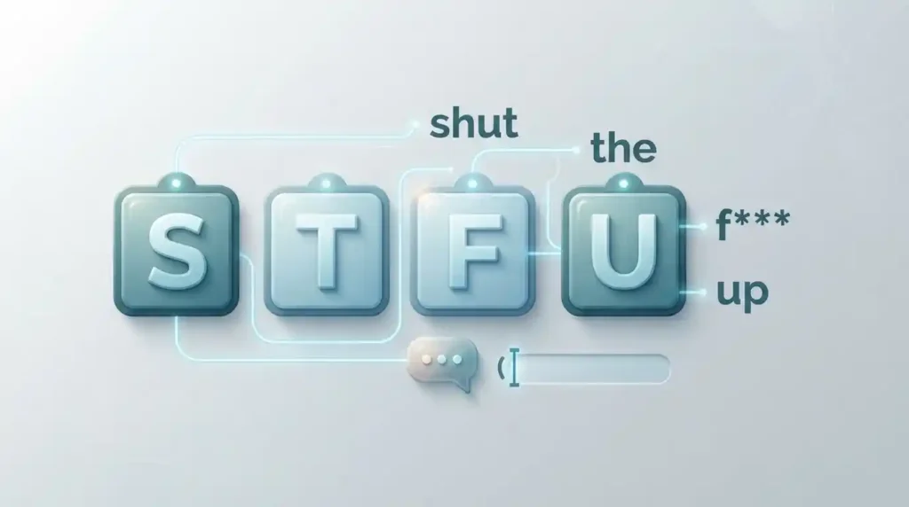 Illustration showing the letters STFU as an internet abbreviation connected to its censored full phrase.