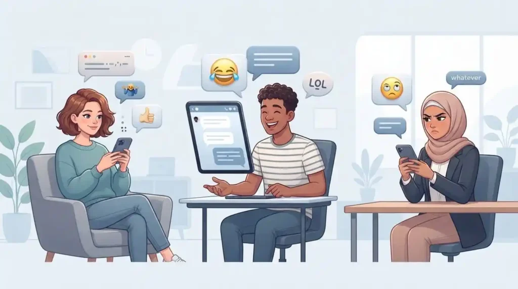 Three adult texting situations showing neutral, playful, and dismissive tones of WTV.
